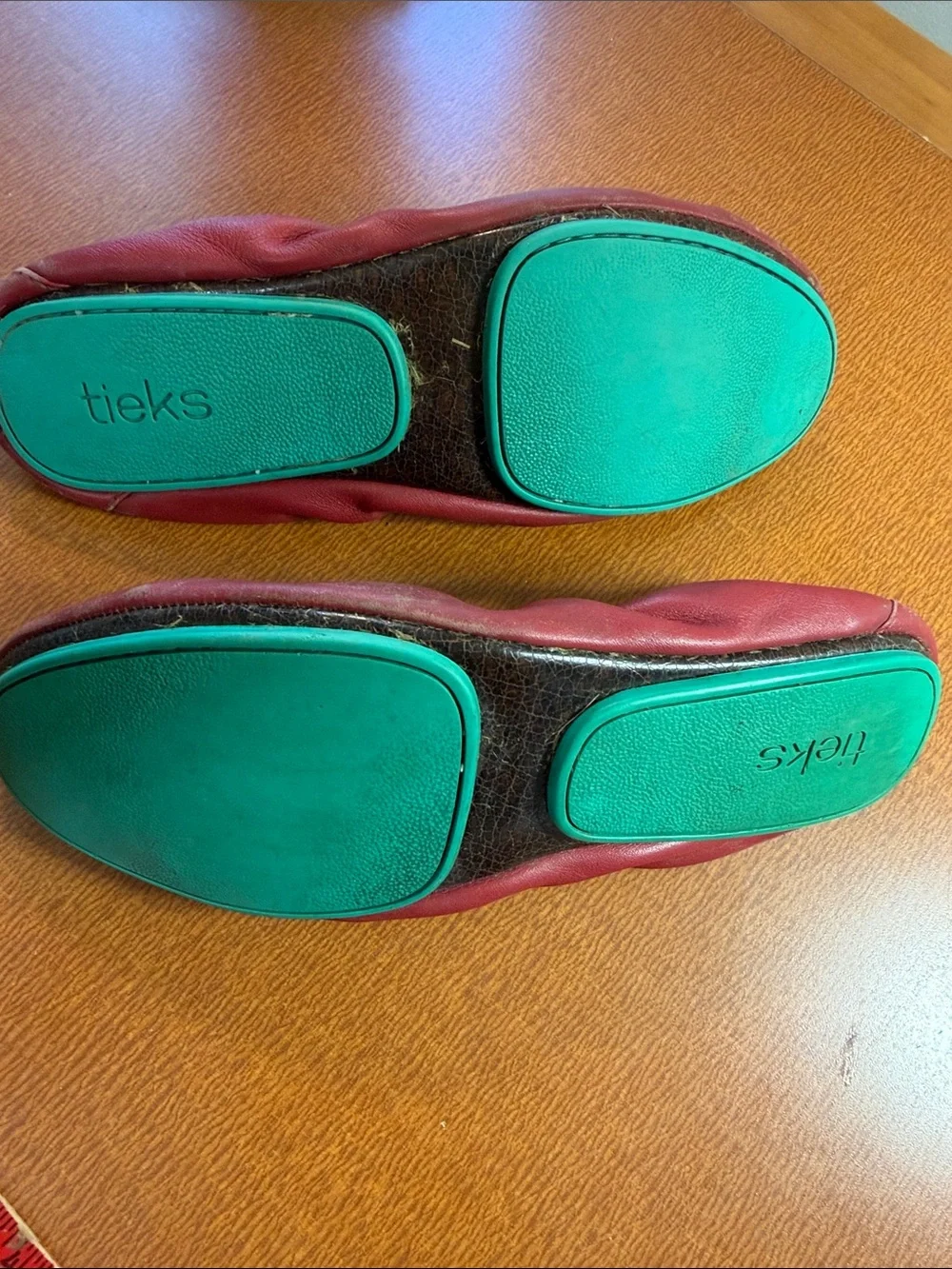 Tieks Red Leather Ballet Flats with Teal Heel Tab - Women